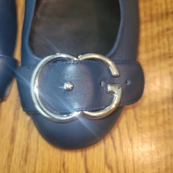 Gucci Round Toe Navy Blue Genuine Leather Silver GG Logo Flat Loafers Shoes - Picture 3 of 13
